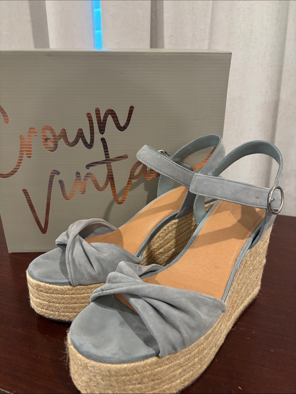 Crown Vintage Gray-Blue Suede Espadrille Wedge Sandals